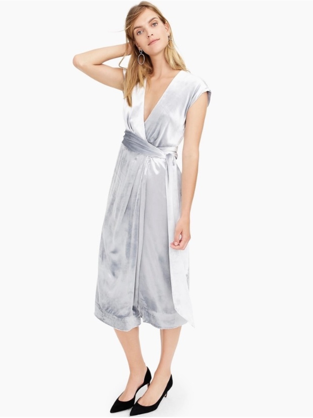 J.Crew Collection Metallic Silver Cap-Sleeve Frida Velvet Wrap Midi Dress, 6